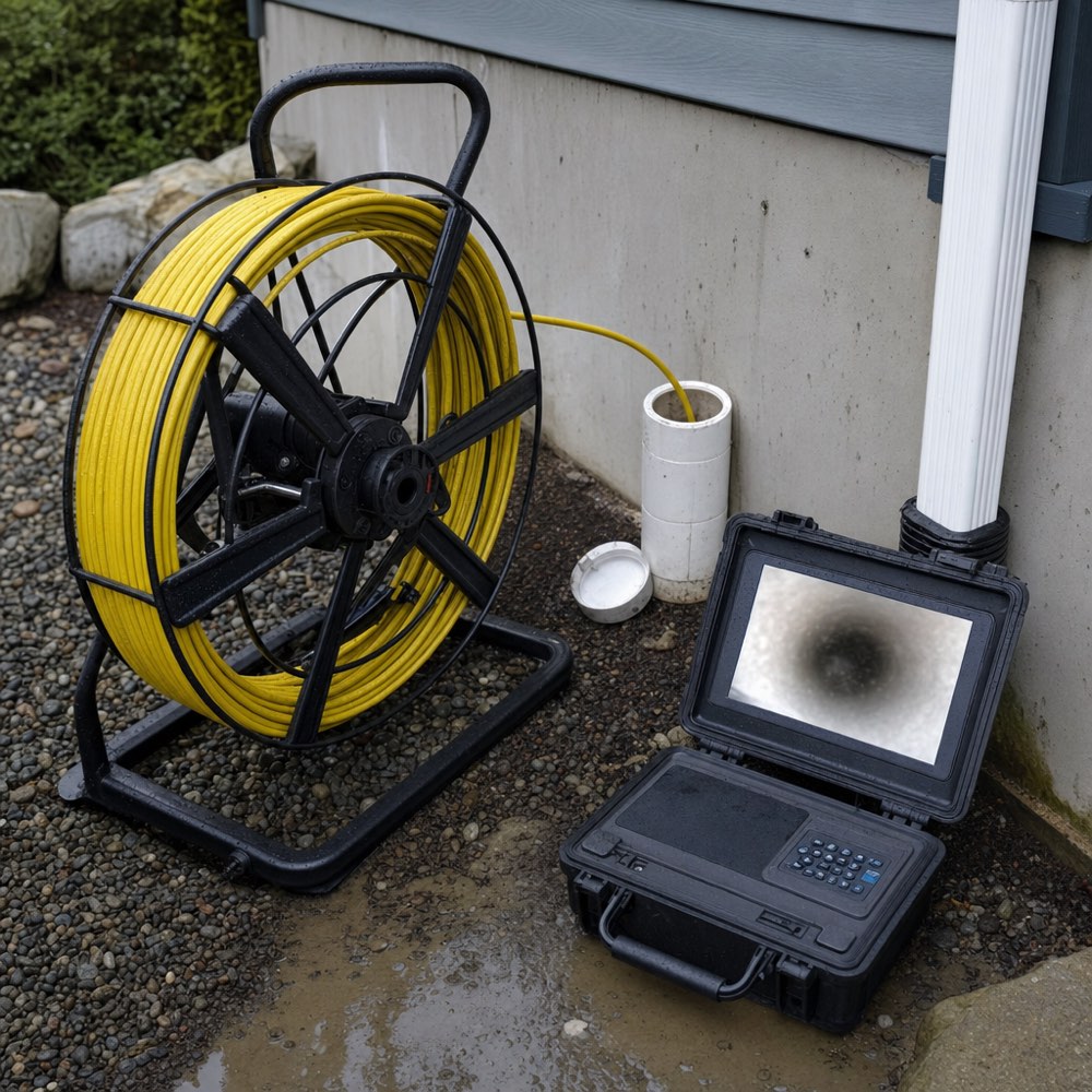 Drain camera inspection reel and monitor set up at a perimeter drain cleanout on a Fraser Valley home