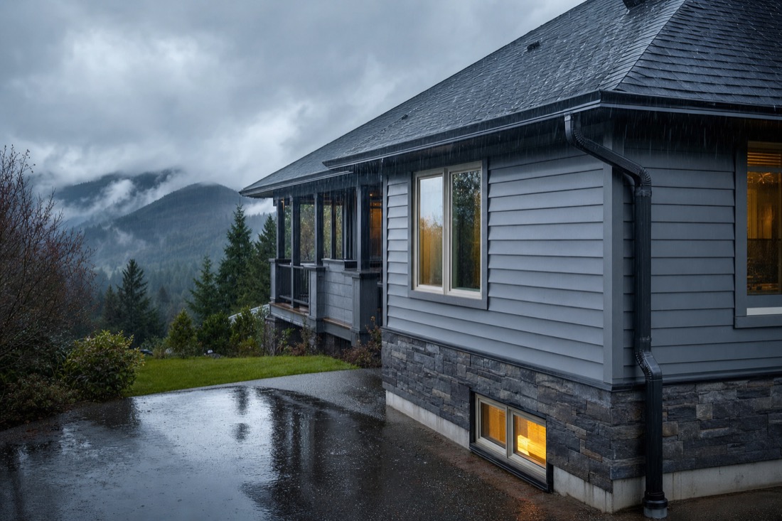 Fraser Valley home in heavy rain with roof water flowing into downspouts and perimeter drains, foundation staying dry