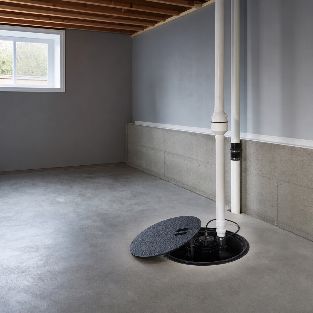 Sump pump basin installed flush in a clean basement floor with discharge pipe and check valve